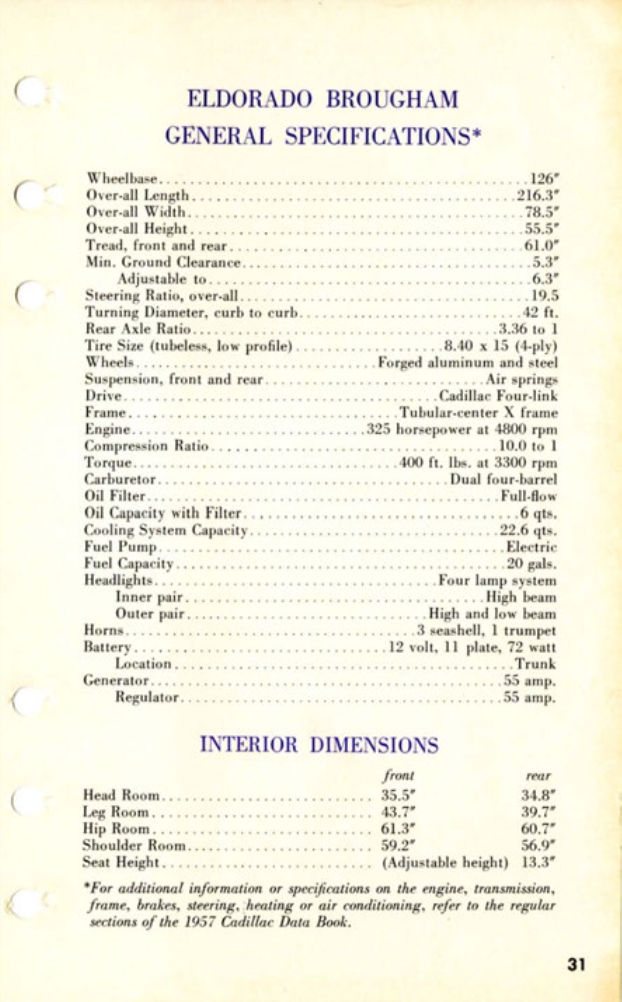 1957 Cadillac Eldorado Brougham Salesmans Data Book Page 31
